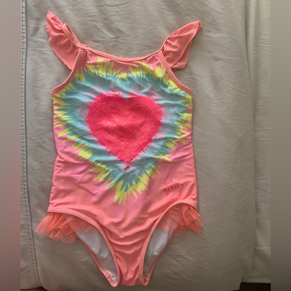 Girls One Piece Swimsuit S (7/8) Pink Tie Dye Heart Lined Polyester Spandex